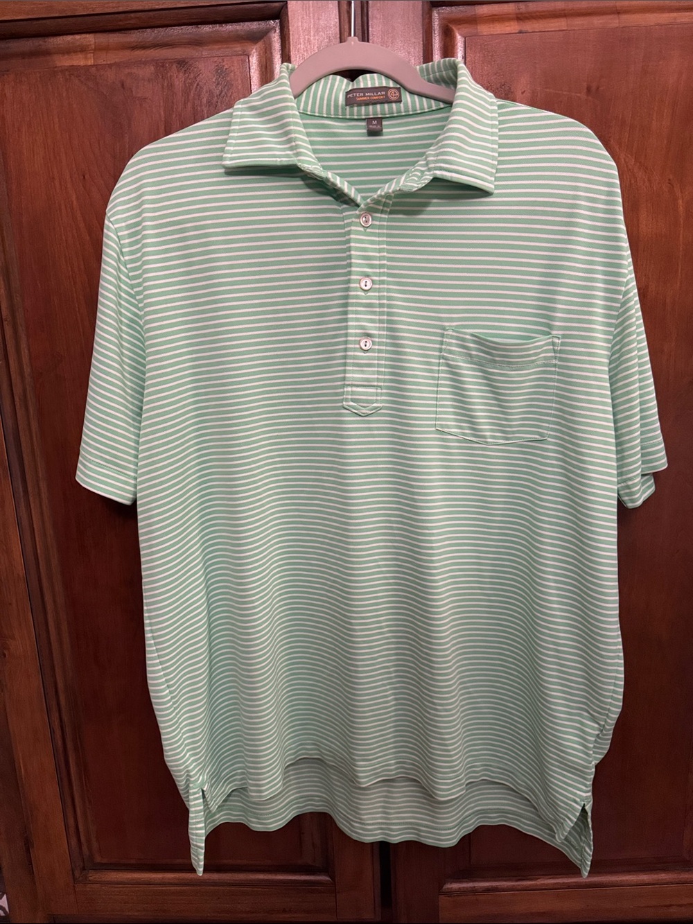 Peter Millar Summer Comfort Men’s Green/White Stripe Polo Shirt size Medium.